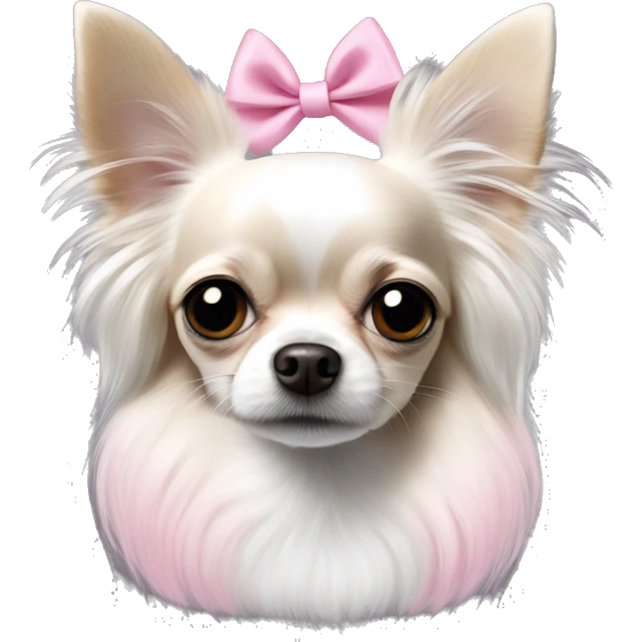 white and black and pure white long haired chihuahua with white stripe on forhead a cute pink bow emoji