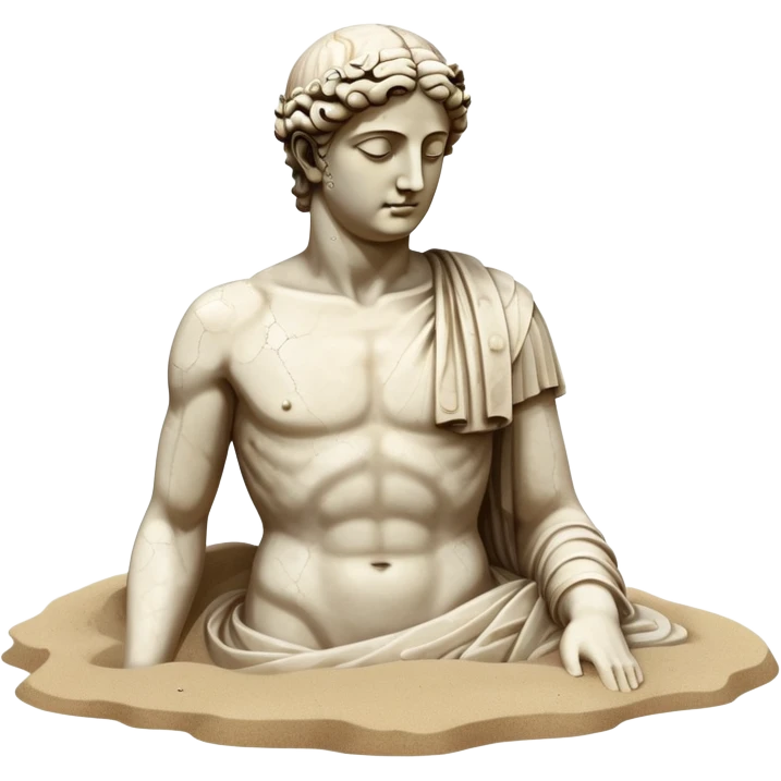 Sunken ancient Greek statue partially buried in sand, underwater with bubbles, partial head and torso of classical statue emoji
