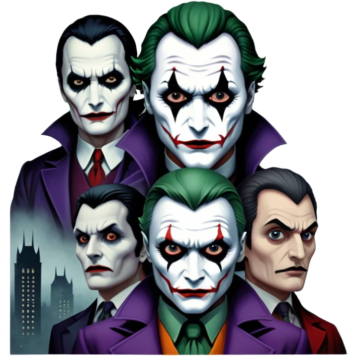 Thriller Movie Icon: A dark, intense collage with close-up images of iconic thriller characters like 1 Joker, 1 Hannibal Lecter, and 1 Vlad Dracula. The background features a moody Gotham City skyline, with shadowy figures and fog. Atmospheric, suspenseful tone. Transparent background. emoji
