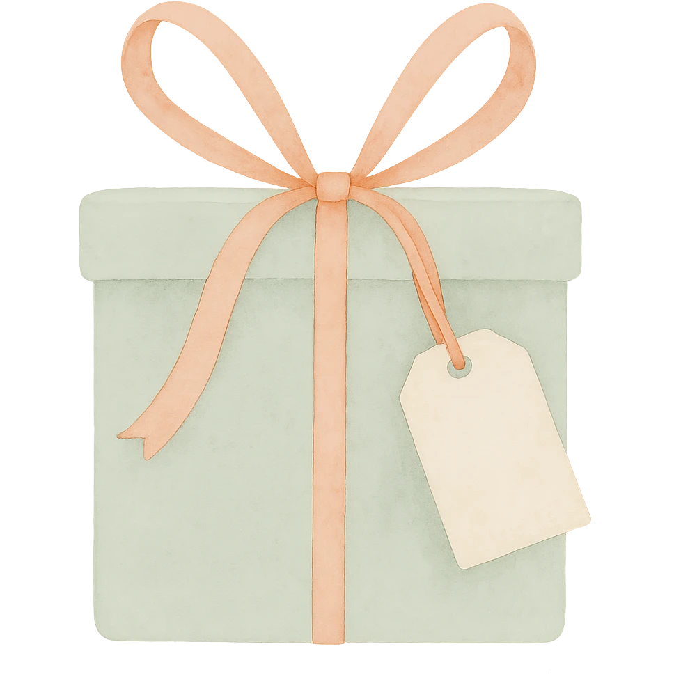 Add a small gift tag attached to the bow, keep the watercolor art style, no background. emoji