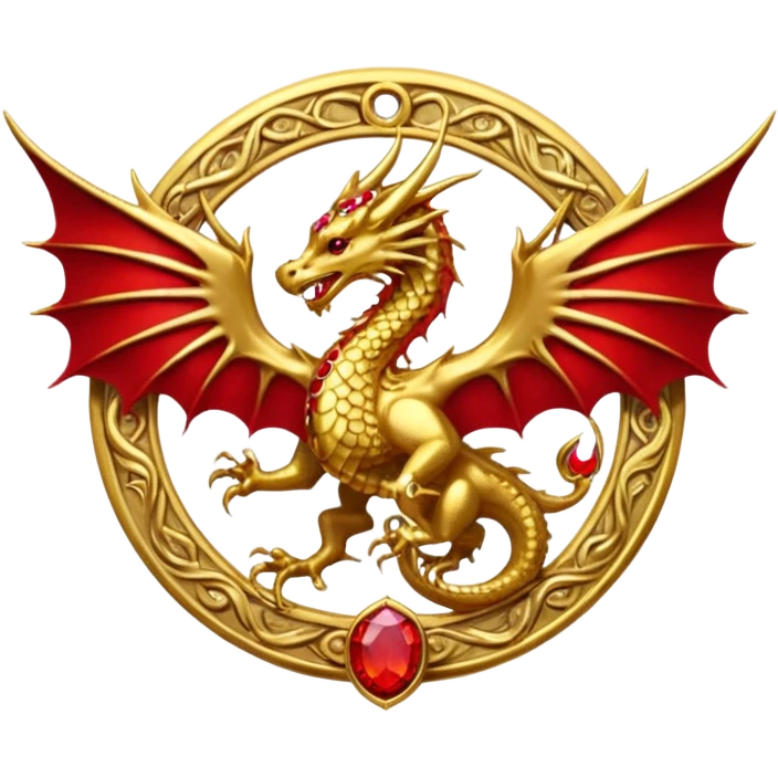 Golden dragon with wings crest / brosch in a circle with red gems and no background emoji