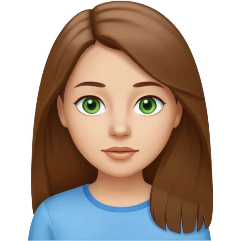Adult woman avatar, light skin tone, oval face, straight long brown hair, green eyes, neutral mouth, sky blue top emoji