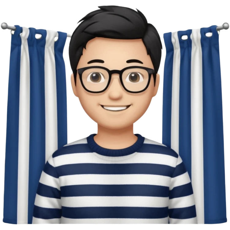 asian man with black curtains styled hair in striped sweater standing smiling and in glasses emoji