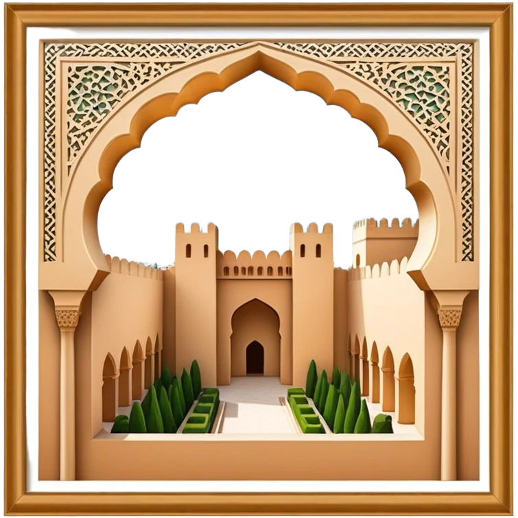 Realistic Alhambra de Granada Landmark Emoji, showcasing the Moorish palace’s intricate arches, geometric patterns, and historic fortress walls. emoji