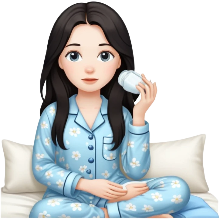 Girl with dark long hair doing skincare in a Pyjama emoji
