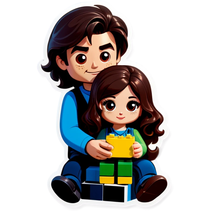 A handsome young man with dark hair, a little heavy sits with his girlfriend with cascading, dark brown hair, flowing down her face as they sit together playing Legos emoji