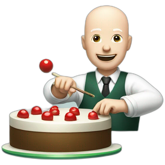 A white bald Man playing snooker with a birthday cake emoji
