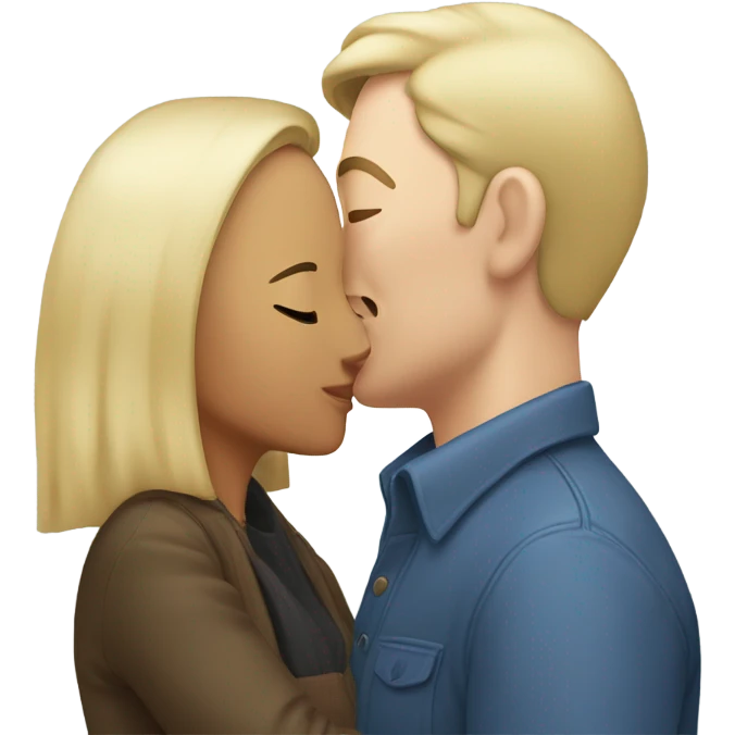 White man with blonde hair and Asian woman kissing emoji