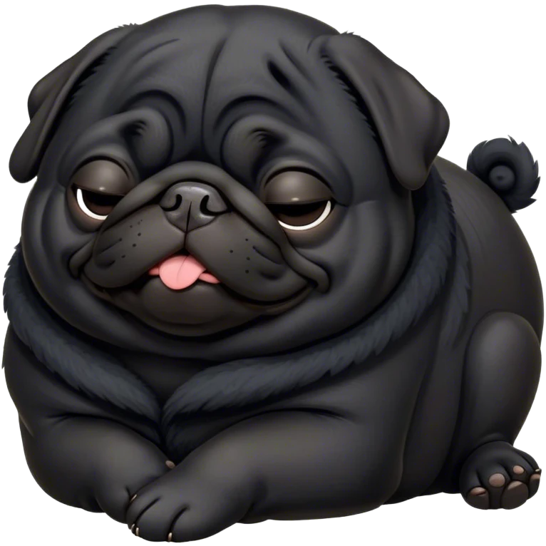 Cinematic Meme-Worthy Chubby Sleeping Black Pug Portrait Emoji, Head resting peacefully with a contented smile, showcasing a delightfully chubby build and a luxuriously soft black coat, eyes shut in a serene nap, Simplified yet hilariously adorable features, highly detailed, glowing with a soft, drowsy light, high shine, relaxed and utterly lovable, stylized with an air of playful laziness, bright and heartwarming, soft glowing outline, capturing the essence of a comically sleepy companion, so meme-worthy it feels like it could instantly become the next viral sensation of adorable slumber! emoji