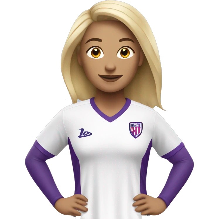 a blonde woman in white soccer jersey with purple pinstripes emoji