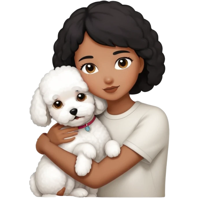 A short black hair girl,hugging a Bichon frise emoji