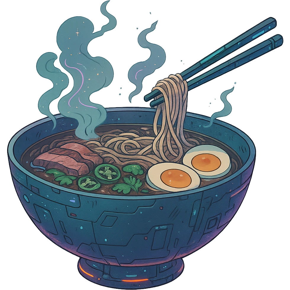 cyberpunk futuristic, space scifi, a bowl of delicious pho, ramen, piping hot emoji