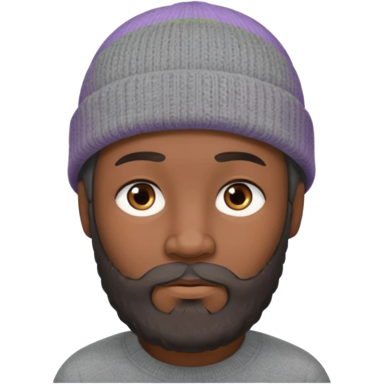 A dark-skinned, oval face shape with soft rounded chin. man with a gray beanie, brown eyes, and a dark gray beard, wearing a calm expression. emoji