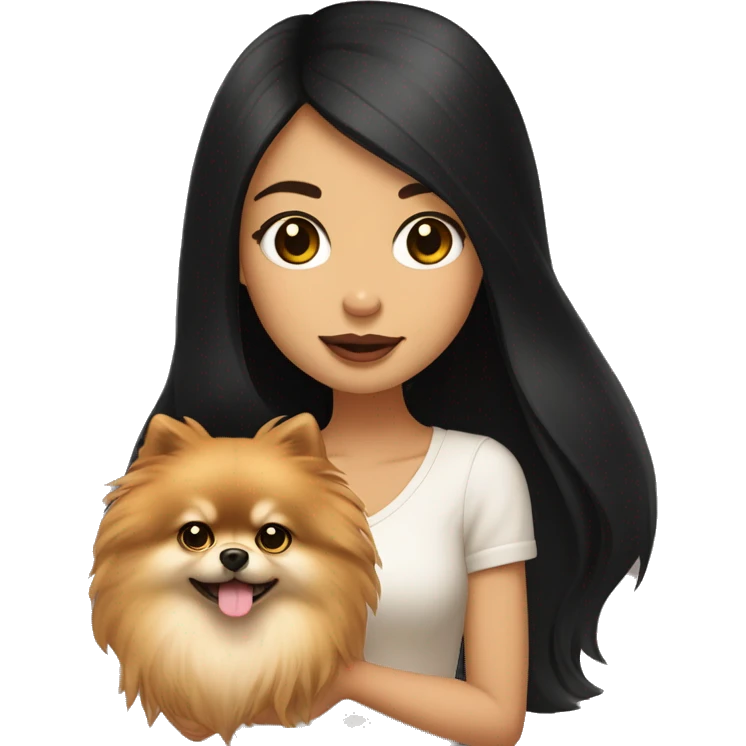 A girl with long black hair, light brown eyes, big lips, she has fair skin, holds a light pomeranian in her hands emoji