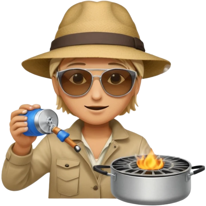 A camper boiling water on a portable stove, enjoying the outdoor breeze.
 emoji