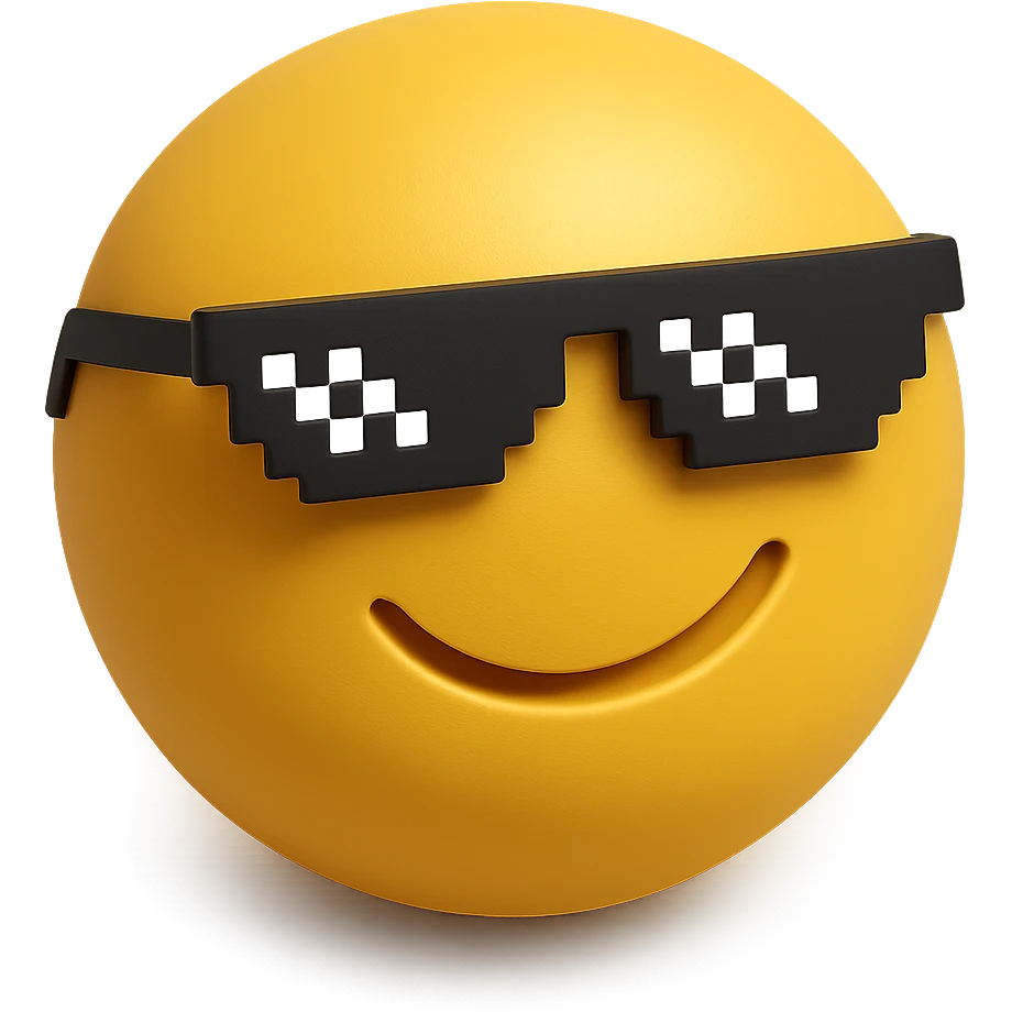 3d yellow emoji circle face with meme glasses, winking emoji