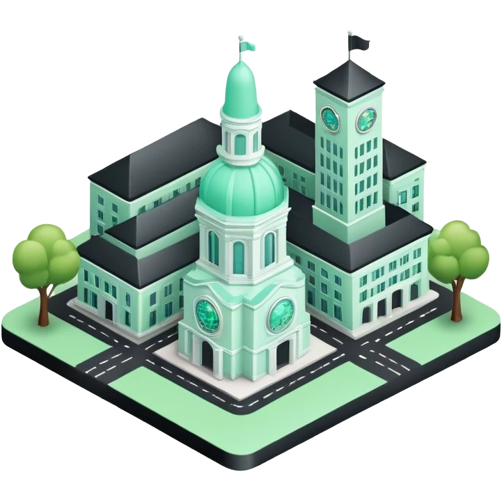 Collectivités Territoriales (Local Authorities), 3D techy icon with black and mint green (#B5F4D3) color scheme, regional map with administrative buildings emoji