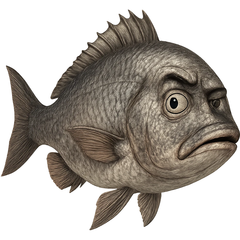 a realistic fish raising one eyebrow, highly detailed emoji