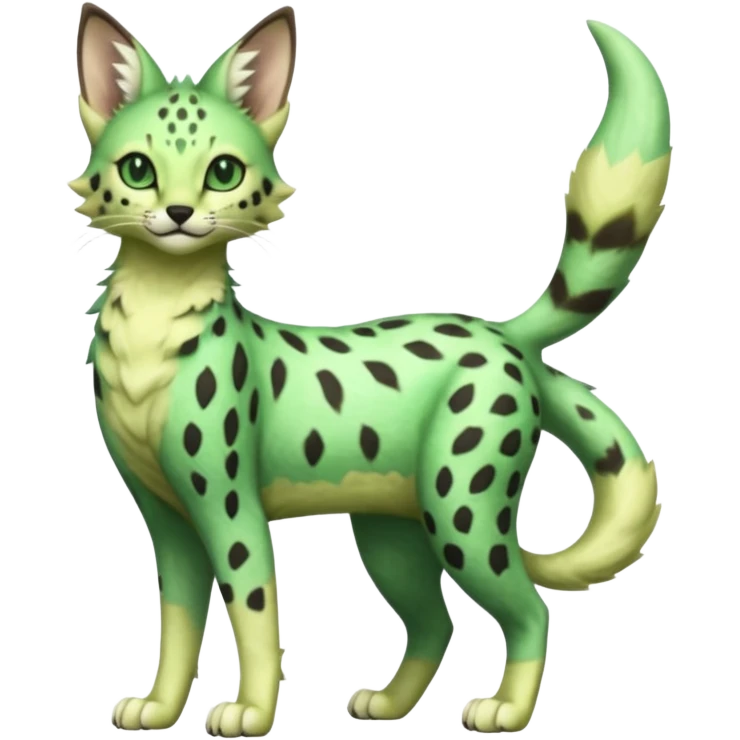 Epic complex detailed emerald-green pastel-lime-green dark-brown beige pastel realistic aesthetic-scenic-Fakémon-Sprigatito-Floragato-Meowscarada-Trico-Sergal-Serval-Vernid-creature (full body) emoji