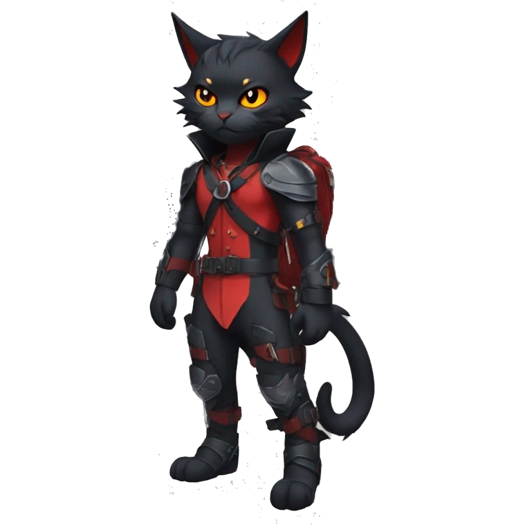 Cool Edgy Fantasy Litten-Nargacuga-Cat with black bat-wing-ears with a red harness full body emoji