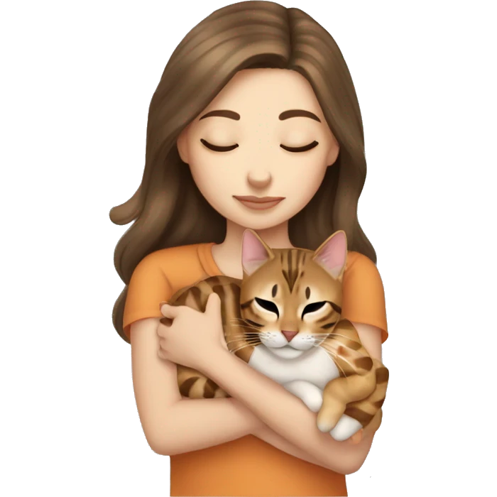 extremely light skin brunette girl sleeping with cute bengal cat emoji