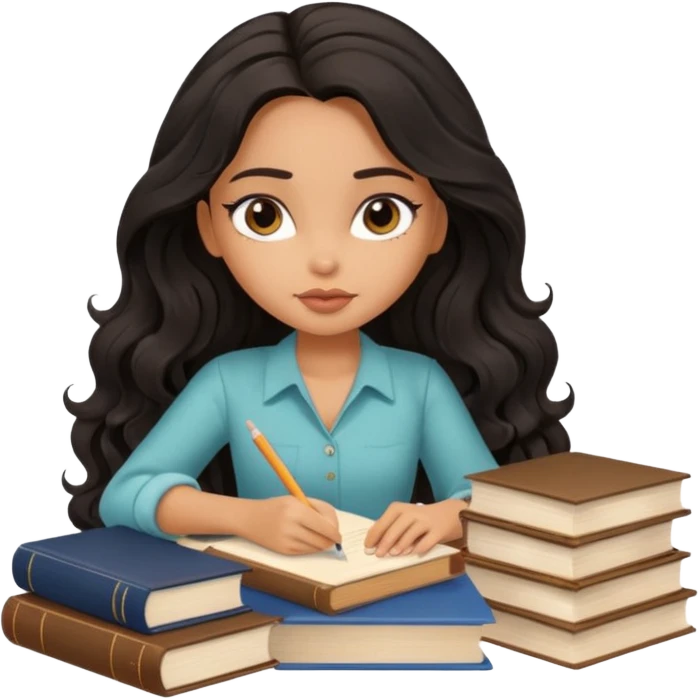 a pretty tan bratz girl with black wavy long hair studying. Pile of books on the table. No glasses. Looks tgired emoji