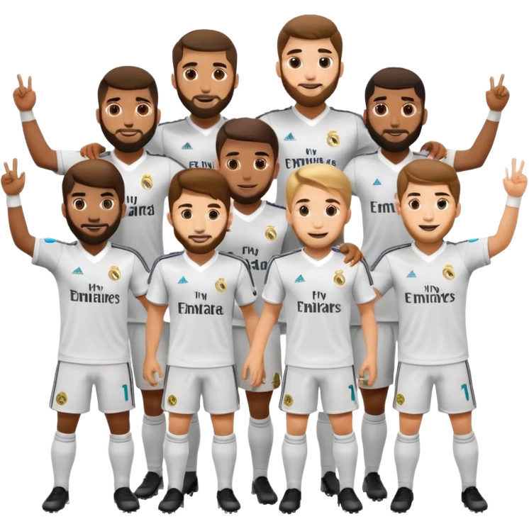 apple style emoji of a group of Real Madrid football players as a squad celebrating together with energetic poses emoji