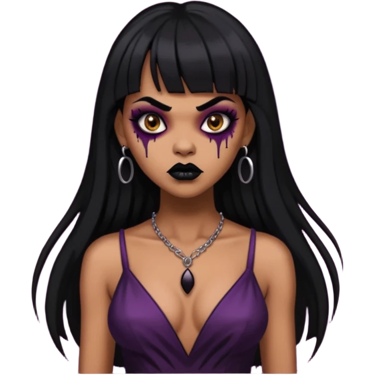 vampira gótica parda zumbi de cabelo longo e preto e franja e roupa com decote e batom preto e sobrancelha grossa emoji