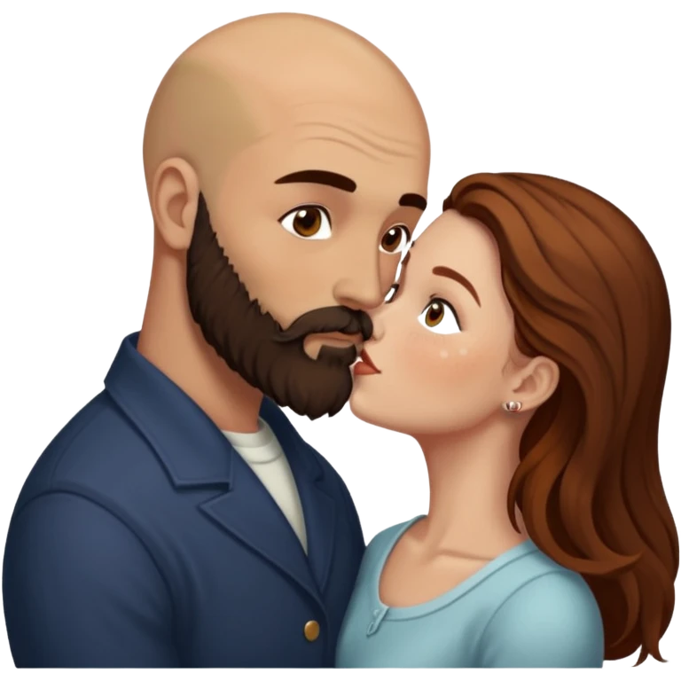 Couple. Bald man with dark brown-black beard. White woman with many small, faded freckles, she has white skin and she has auburn-brown-cinnamon, dark long hair. She has light brown eyes. The man have hazel eyes. She have light eyes. Retro style. She kisses him. Dark akademia. emoji