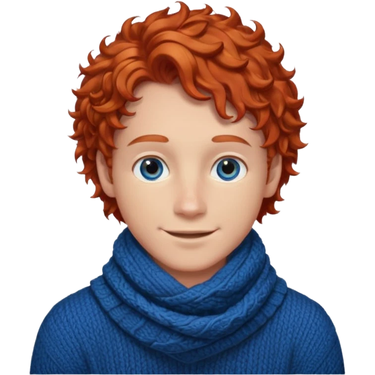 emoji of a young gentleman, curly red hair, wearing a sweater and scarf, warm smile emoji