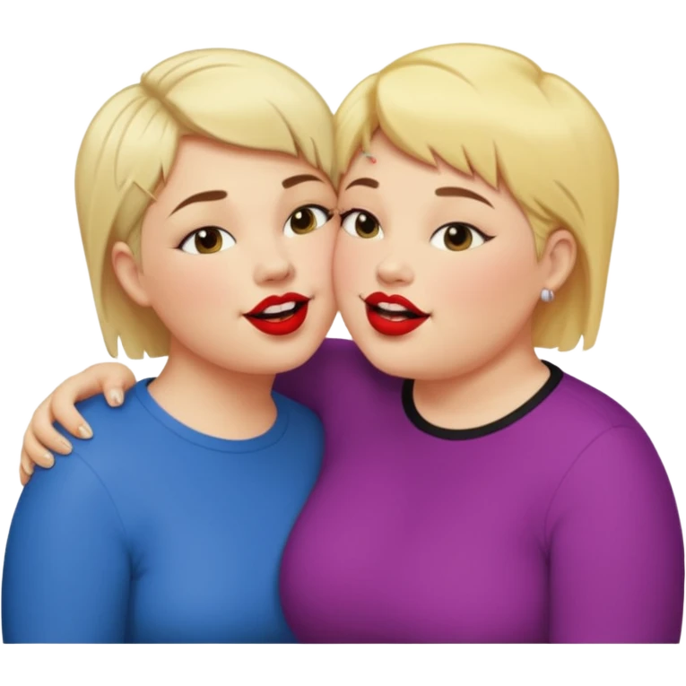 Chubby lesbian with medium brunette hair kissing tall butch lesbian with huge teeth and blonde short hair emoji