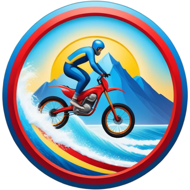 A bold, dynamic emblem combining elements of extreme sports like a mountain, a bike, surfing, ocean and a parachute, all within a circular or shield-like shape. The design conveys speed, adventure, with sharp lines and vibrant colors representing the thrill and intensity of extreme sports. emoji