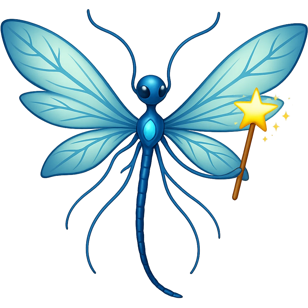 Add a magic wand to the neuron with translucent fairy wings in the style of apple emojis, keeping the apple emoji style exactly, no background. emoji