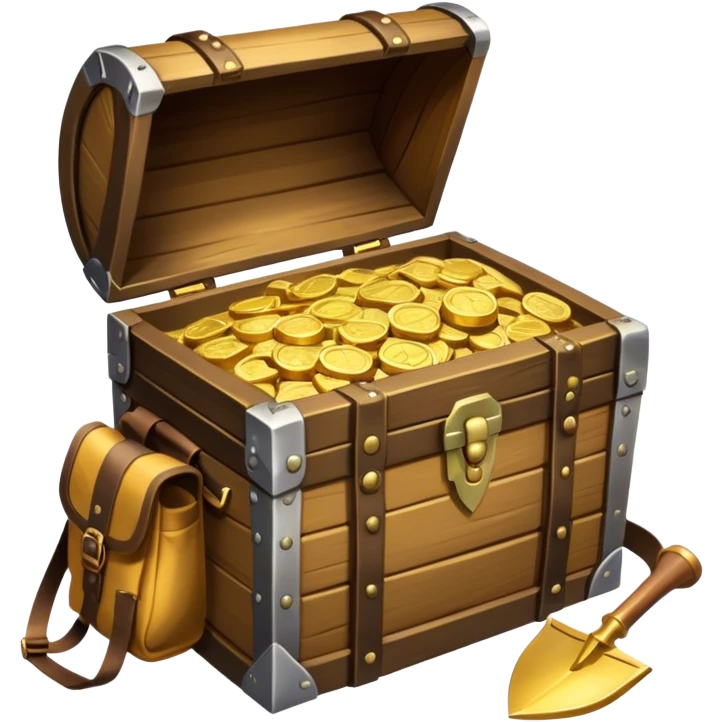 An icon showcasing a treasure chest filled with gold, a treasure map rolled up beside it, a backpack and shovel ready for the next adventure. The design captures the essence of treasure hunting, exploration, and excitement, set on a transparent background to emphasize the thrill of discovery. emoji