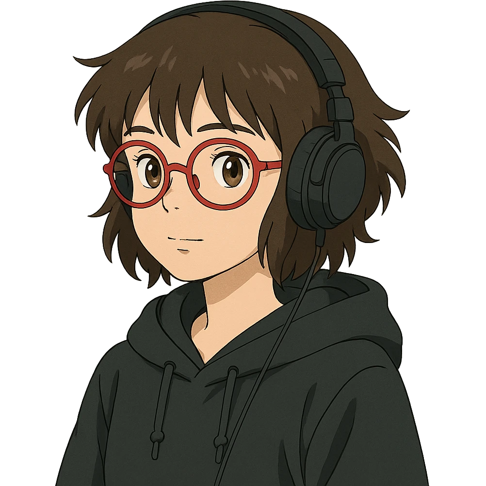 ghibli style tan brunette girl with a short wolf haircut, round ruby glasses, black headphones, and a black hoodie emoji