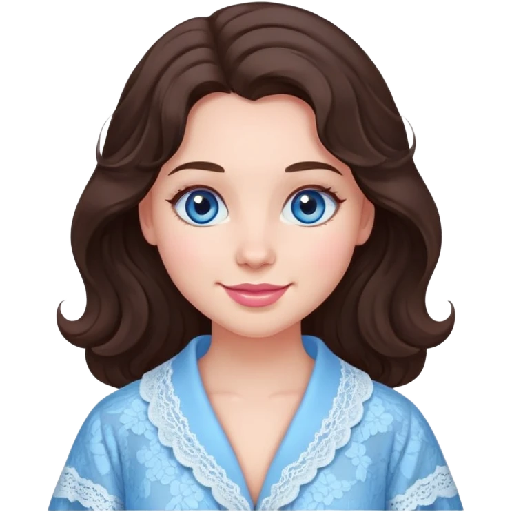 a girl with dark brown wavy hair just below her shoulders, with blue eyes, full lips, pink cheeks, plump skin, in a lace blue robe with a smile. emoji