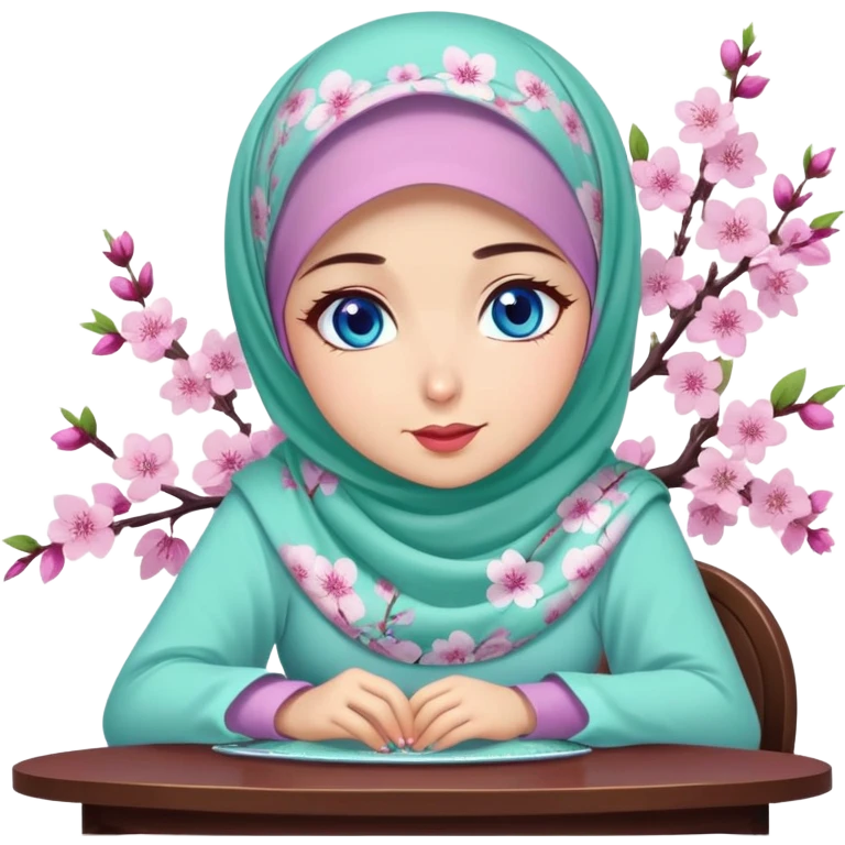Turkish beautiful finish Konya girl blue eyes with cherry blossom floral purple and mint hijab islamic dress and with yummy Drooling face on the table emoji