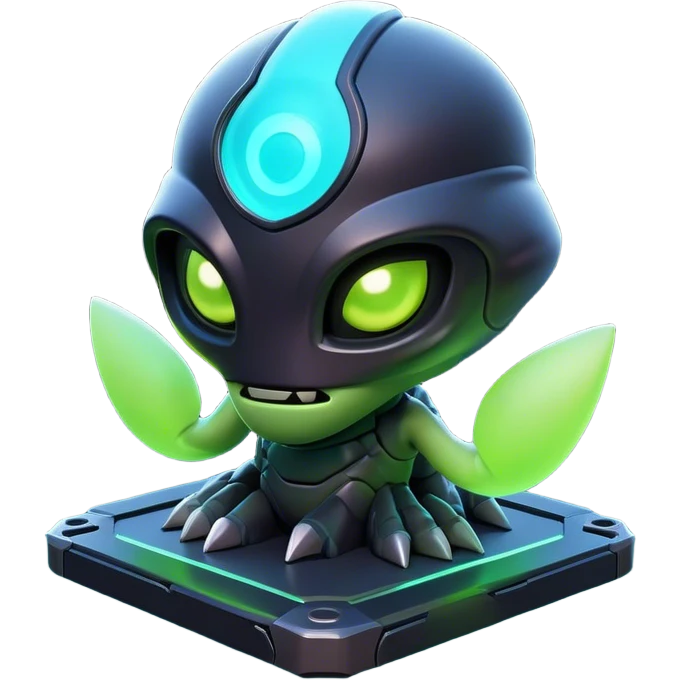 Clash of Clans aesthetic: Cinematic Playful 3D Isometric Alien Emoji, rendered in a 3D vector-style similar to standard emojis with minimal shading and bold, simplified shapes. A compact, distinct form with signature details, softly glowing with a futuristic sci-fi warfare charm. Simplified yet unmistakably iconic, highly detailed and consistent, glowing with a soft radiance and high shine. Stylized with a touch of high-tech brilliance and a soft glowing outline, capturing the essence of a beloved gaming relic with a friendly, playful manner! emoji