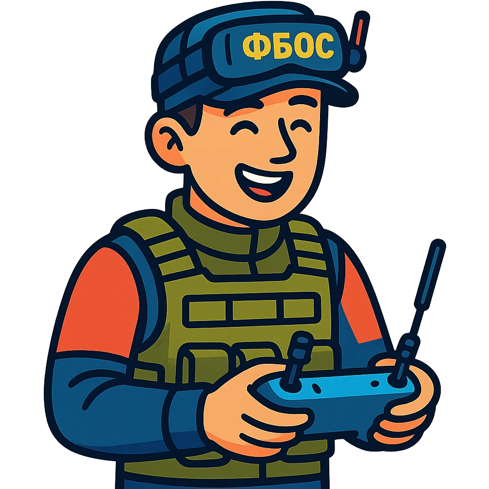 young man in tactical gear with a cap that says "ФБОС", holding a drone controller, wearing FPV goggles on his forehead, cheerful expression emoji
