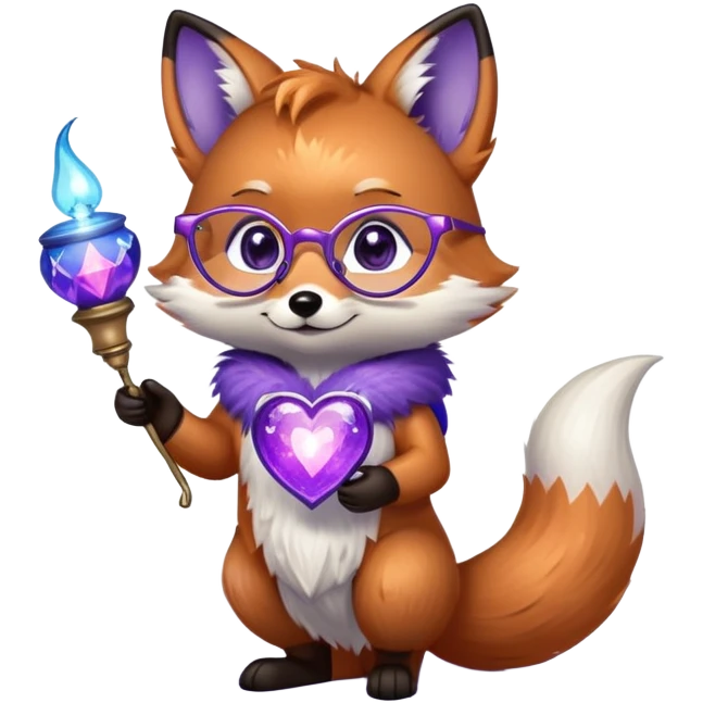 A small magical fox with shimmering purple and blue fur, a glowing fluffy tail, a silver star on its forehead, and round glasses, holding a tiny magical lantern, with heart-shaped eyes, looking in love. 🦊😍 emoji