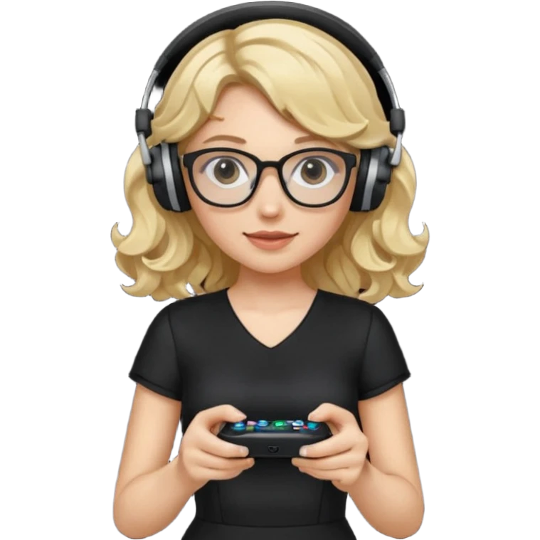 
gamer, woman with blond wavy hair, tight black dress with a white line with glasses, headphone, gamepad emoji