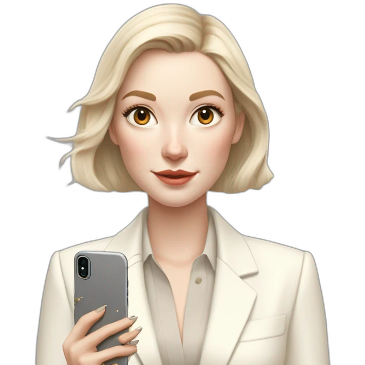 pale skin woman with ash blonde Straightened bob Hair, White Spacious classical jacket, beige palazzo Arrow pants and gray blouse holding white IPhone 15 pro in the hands emoji