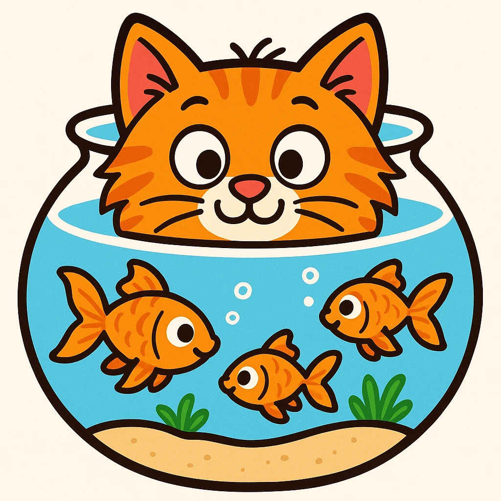 A red-haired cat and a goldfish aquarium in emoji style, more cartoonish emoji