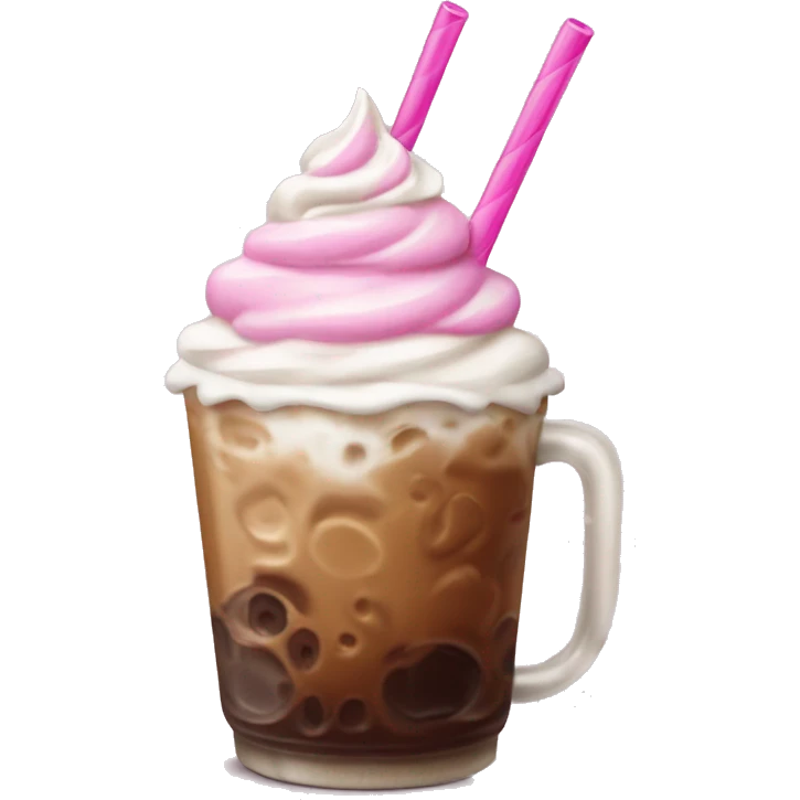 Iced coffee with whipped cream and pink straw emoji