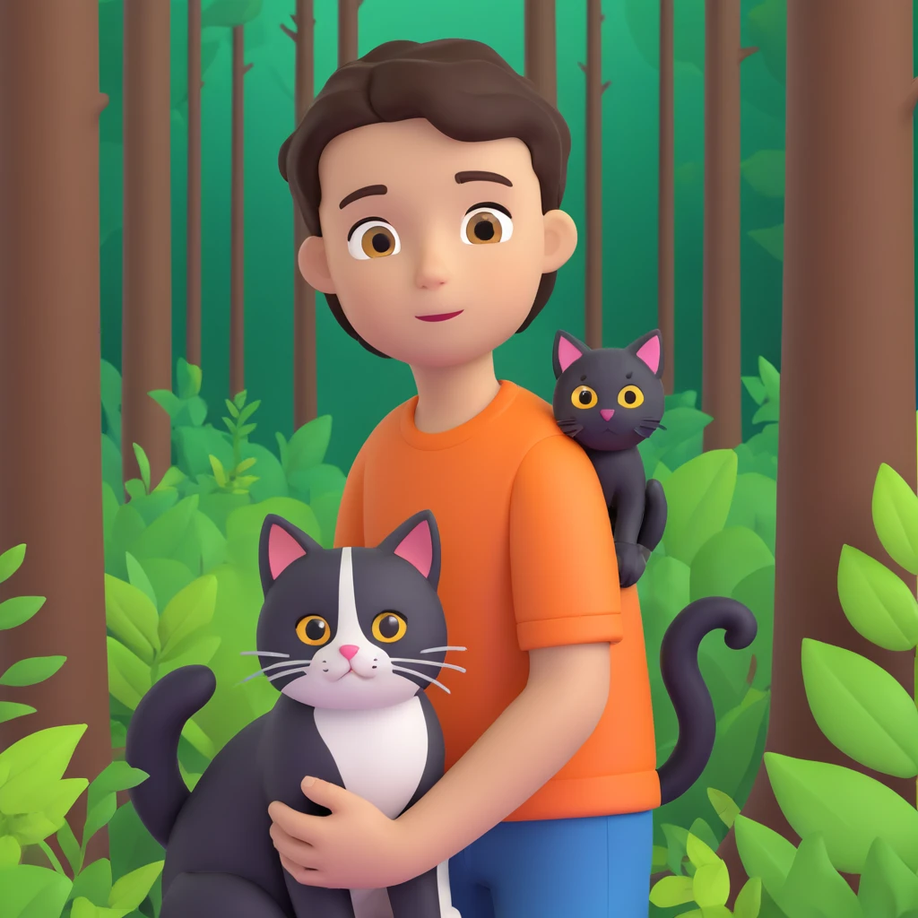 boy and cat pet in forrest background, close up pose emoji