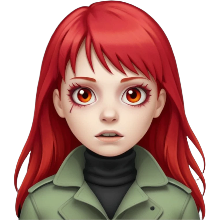 Crie um emoji de uma menina zumbi  com o cabelo vermelho longo com uma franja reta casaco de gola alta da adidas emoji
