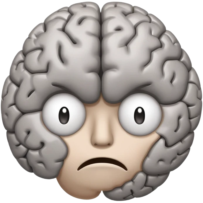 A sad, unhealthy brain with a frowning face, looking sick and tired emoji