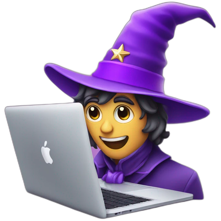 magician with a purple pointy magic hat with a star working on a macbook emoji