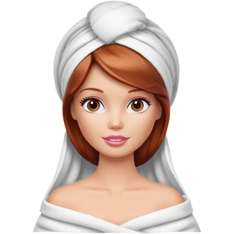 A Barbie face with shoulder-length reddish brown hair, makeup with cream on face and a towel on her head emoji