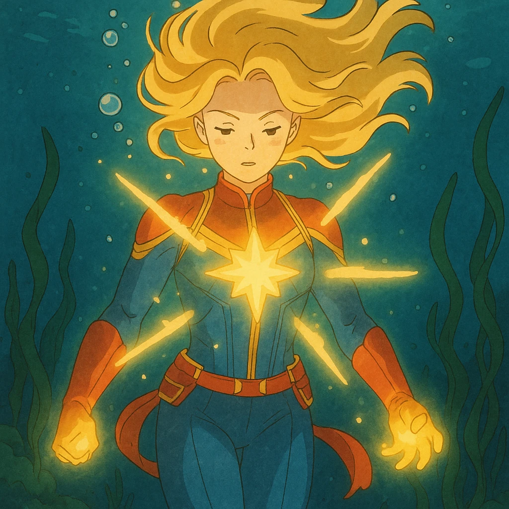 Captain Marvel underwater, glowing energy, flowing hair, ghibli style emoji